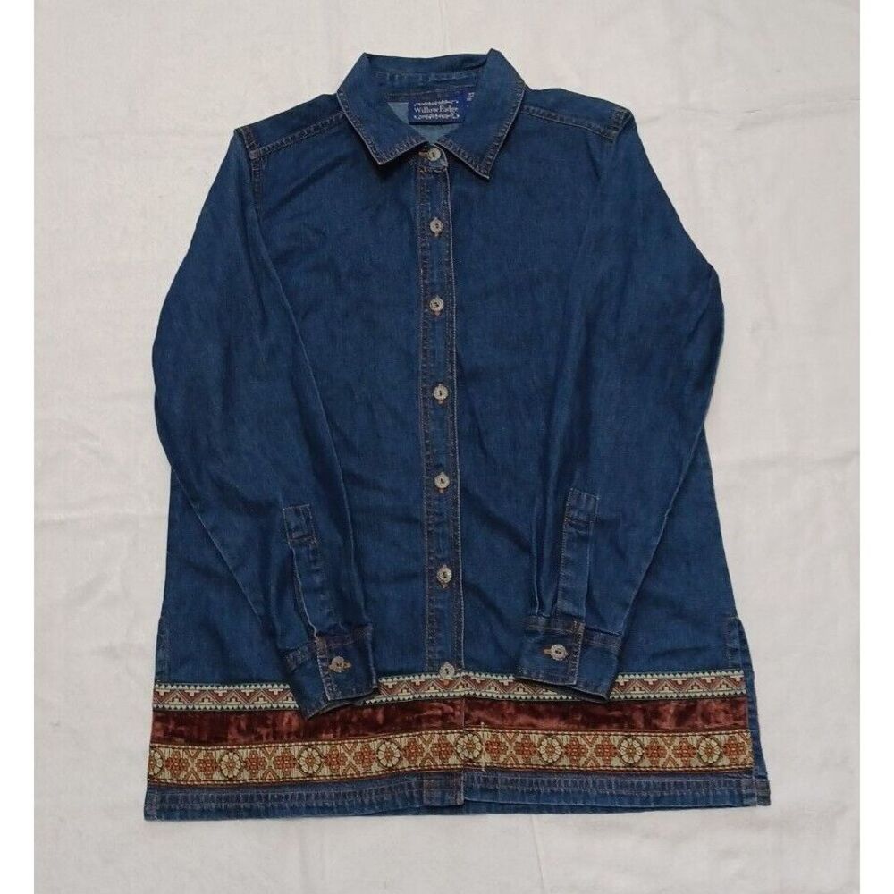 Willow Ridge Denim Button Down Shirt Small Petite Blue Embroidered Velvet Trim